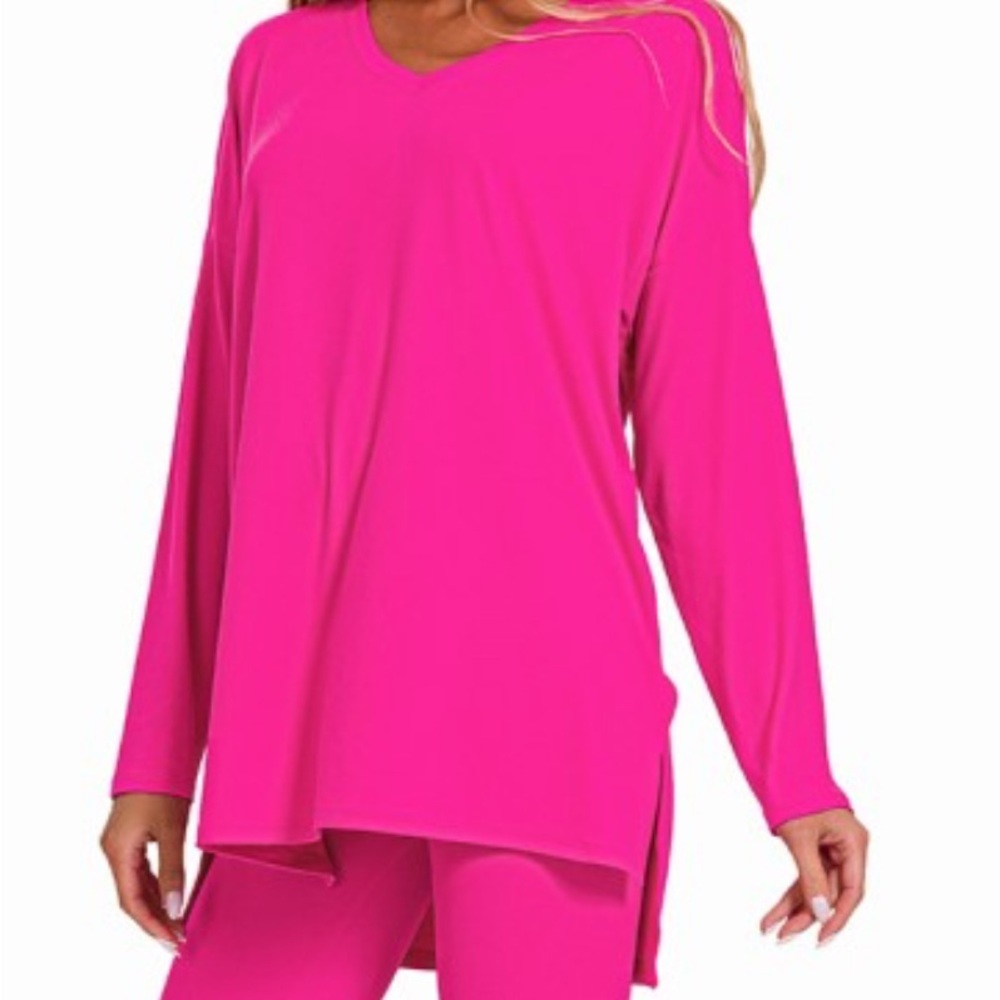 NWT Zenana Outfitters Neon Hot Pink Long Sleeve Pant Set Sizes S, M, L, XL